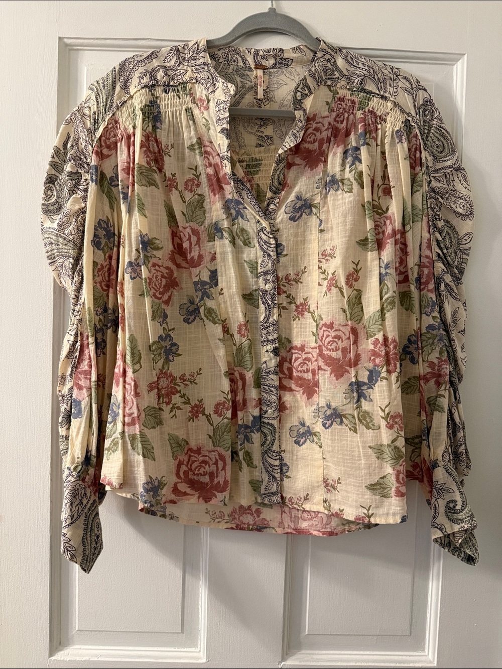 Floral Peasant Blouse - Cream with Pink & Blue Flowers